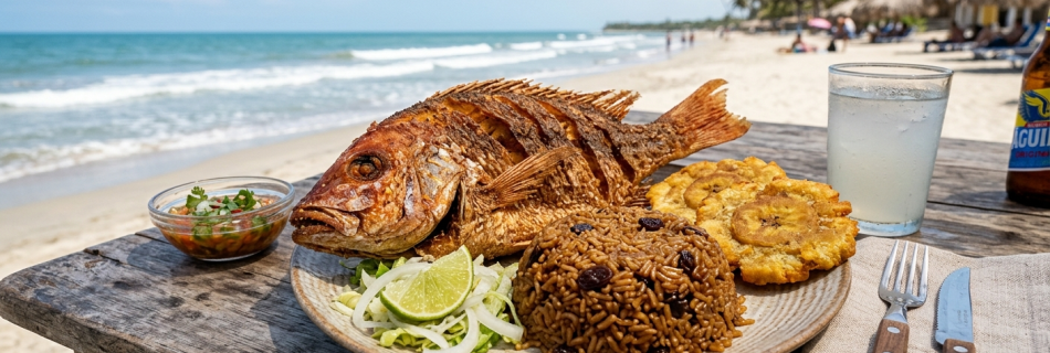 Plato de arroz con coco y pescado frito servido en la playa