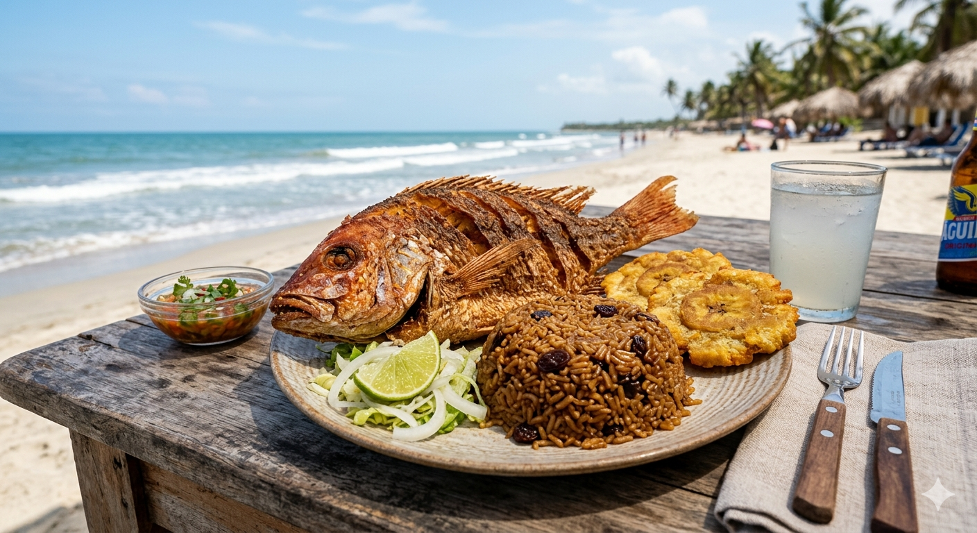 Plato de arroz con coco y pescado frito servido en la playa