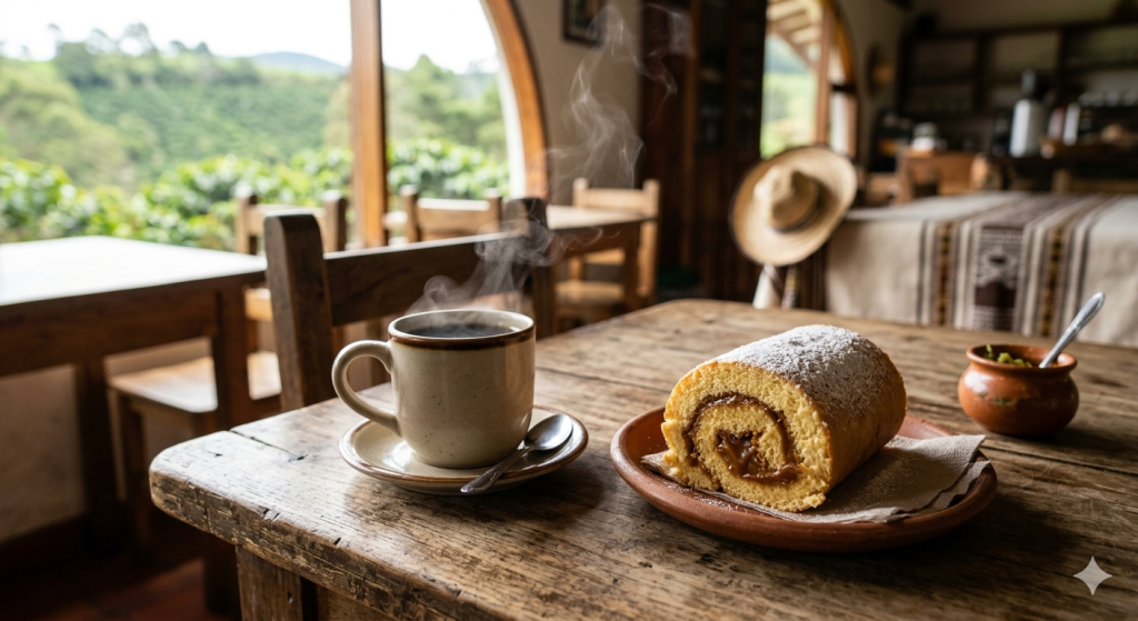 imagen de café acompañado de un dulce llamado Pionono