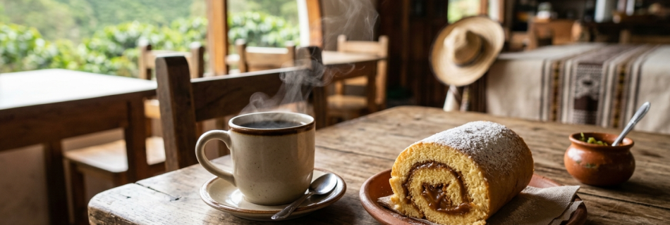 imagen de café acompañado de un dulce llamado Pionono