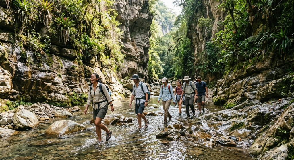 excursionistas caminando por el lecho de una quebrada