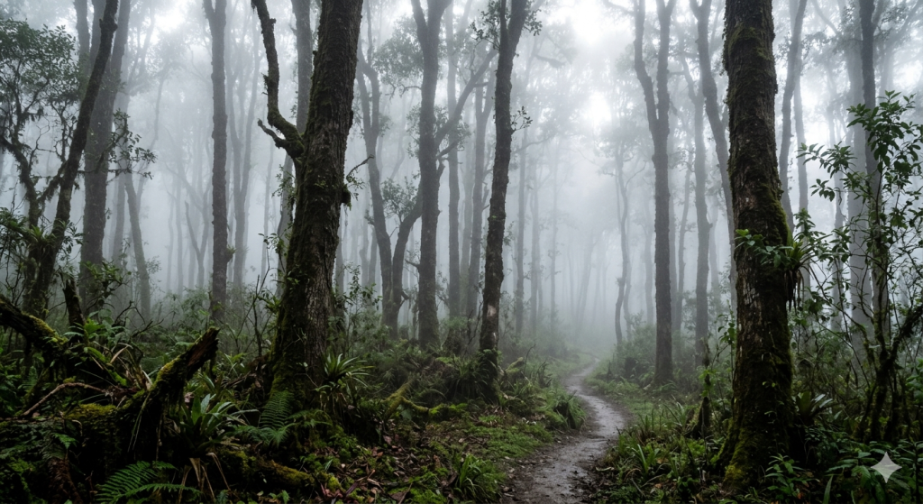 Bosque de Robles rodeado de niebla
