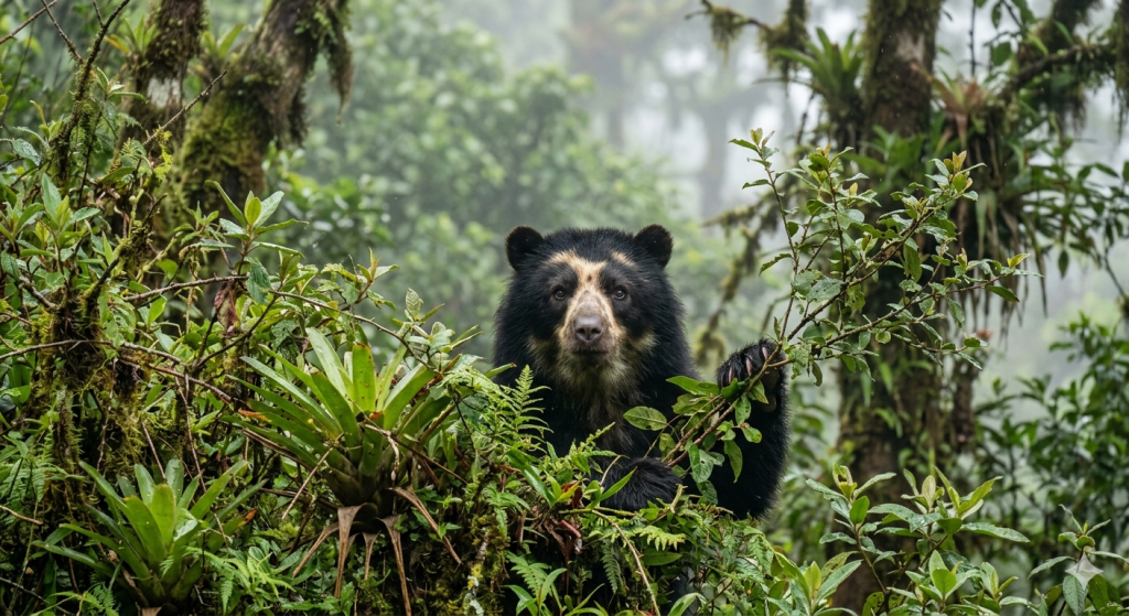 Oso de Anteojos asomándose entre los arbustos de un bosque de niebla