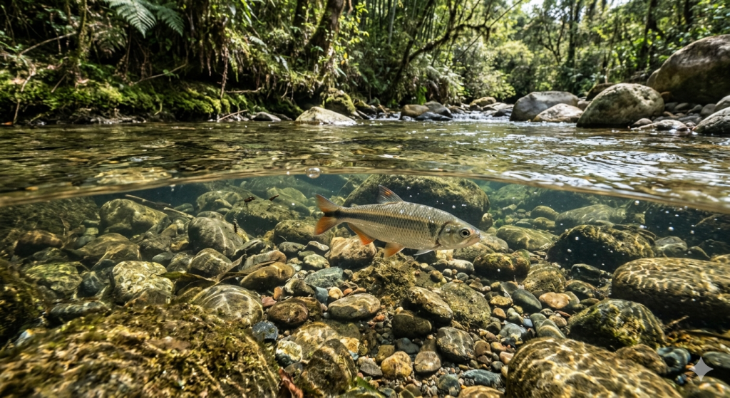 preparemos ahora una imagen realista de una Sabaleta nadando en una quebrada de aguas cristalinas con piedras redondas